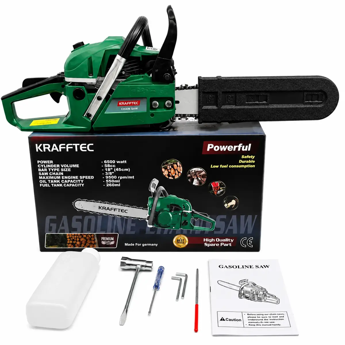 Ланцюгова бензопила KRAFFTEC, 6500 Вт, шина 45 см, 9500 об/хв